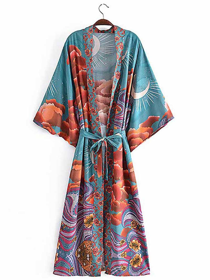 Kimono de fiesta con estampado floral y lunares, color verde, de seda, largo, tipo plumero