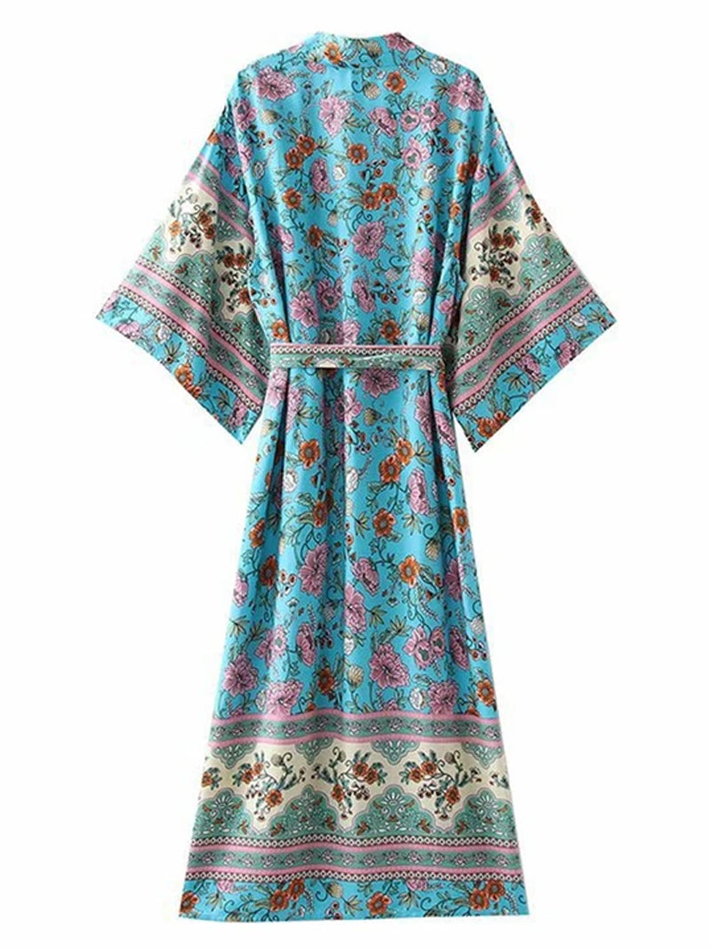 Bedrucktes blaues Baumwoll-Langkleid, Kimono-Staubmantel 