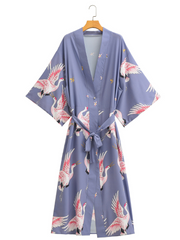 Kimono largo con estampado floral de pájaros, vestido de playa, kimono largo de playa