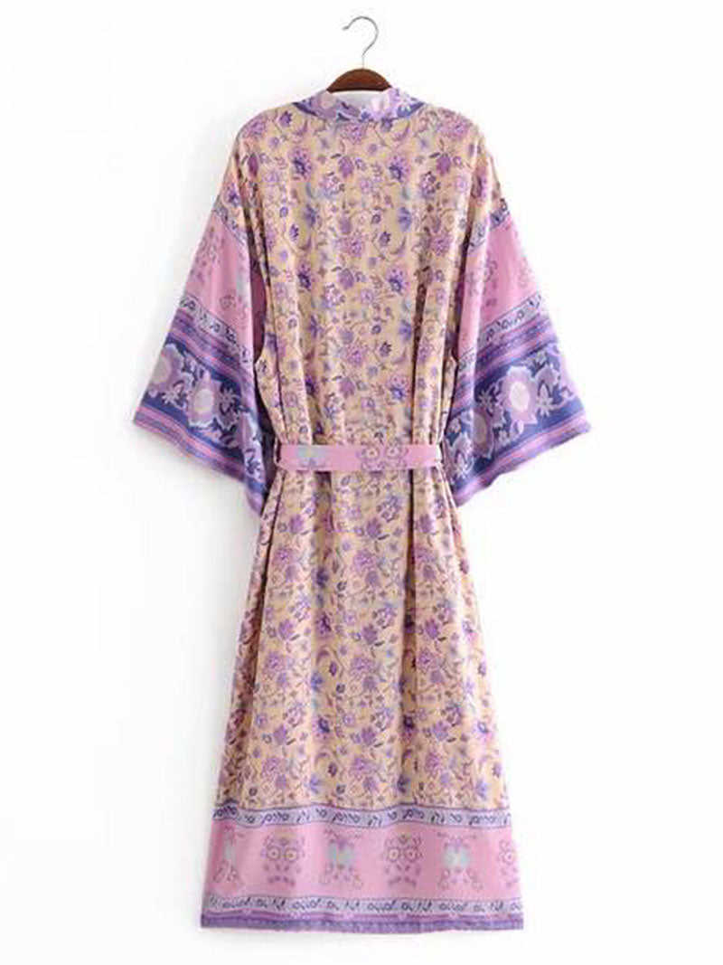 Beachwear Floral Print Violet Color Cotton Long Length Gown Kimono Duster Robe