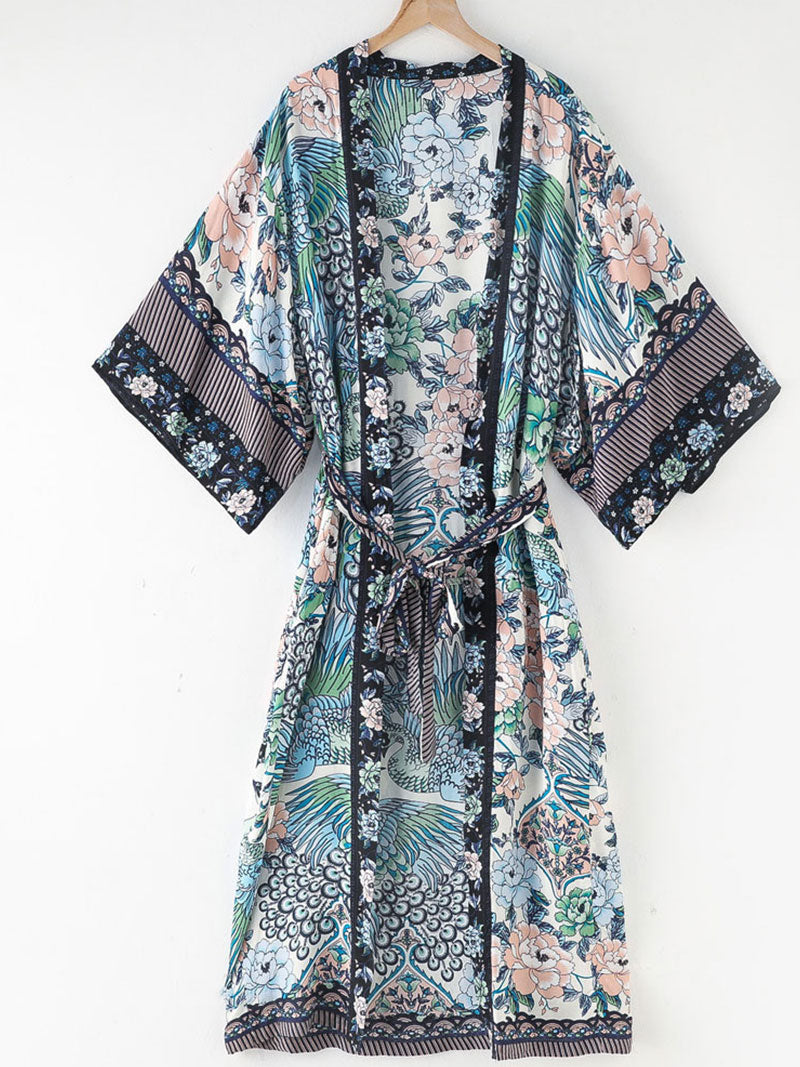 Strandmode Baumwolle Lange Länge Blumen mit Vögeln Print Blau, Weiß &amp; Grün Farbe Kleid Kimono Duster Robe