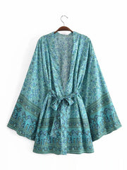 Short Kimono With Floral Print Green Color Cotton Short Length Gown Kimono Duster Robe
