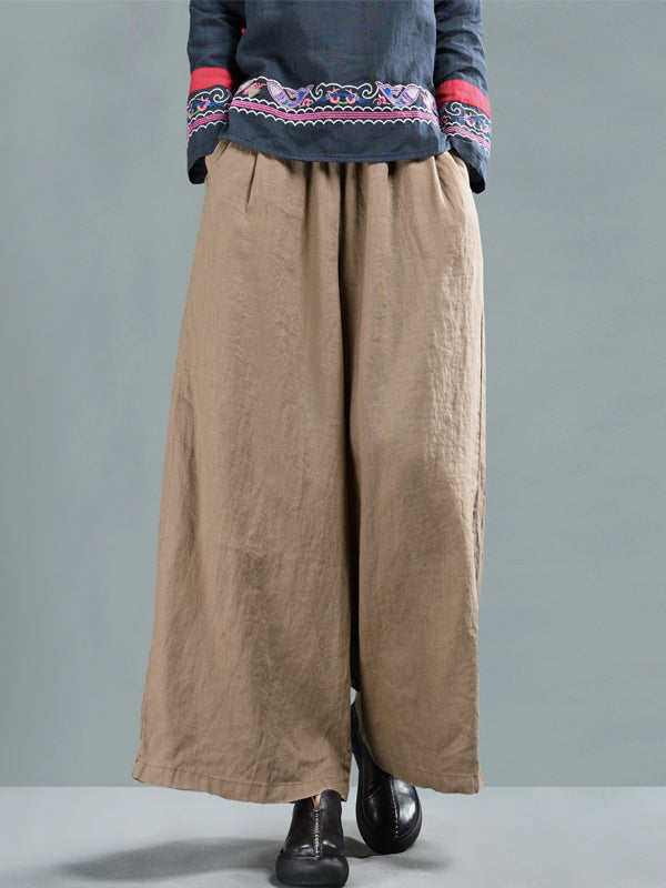Harriett Vintage Casual Elastic-waist Linen Wide Leg Pants with Pockets