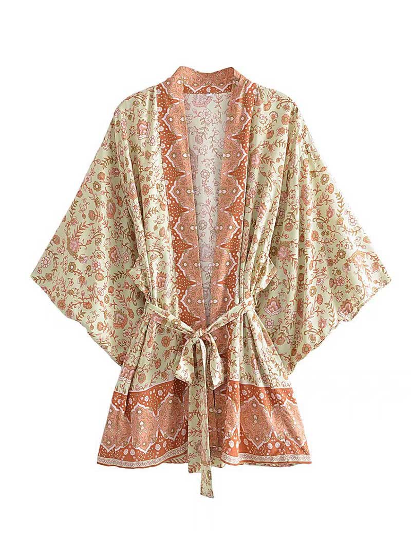 Short Floral Print Brown, Purple Orange Color Cotton Short Length Gown Kimono Duster Robe
