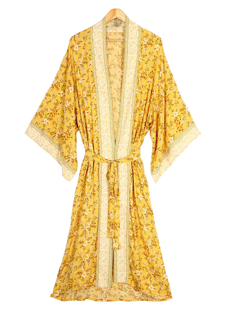 Brautpartymode Blumendruck Gelb Farbe Baumwolle Langes Kleid Robe Kimono