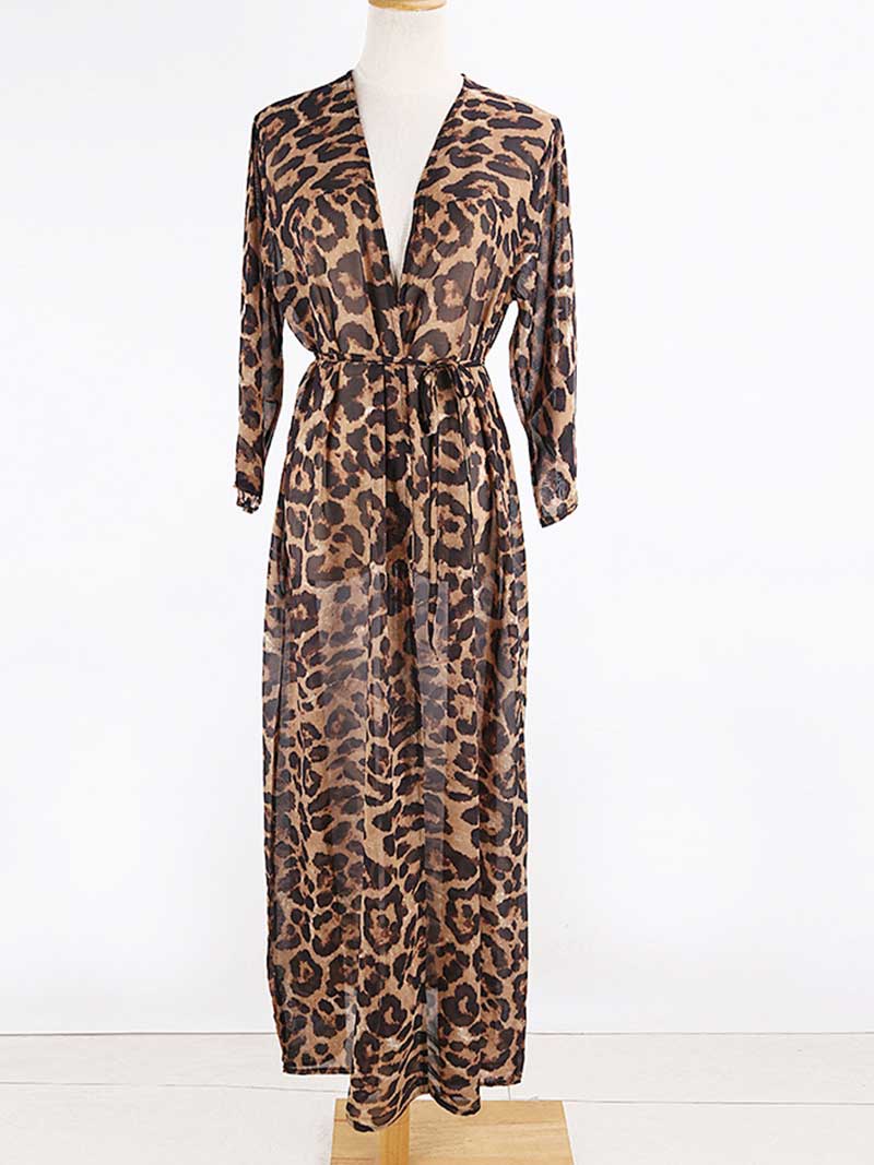 Leopard Print Leopard Color Chiffon Long Length Gown Kimono Duster Robe