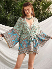 Partywear Cotton Paisley Floral Print Green Color Short Length Gown Kimono Duster Robe