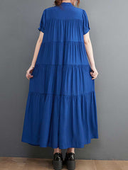 Cotton Short Sleeve Blue Color A-Line Dress