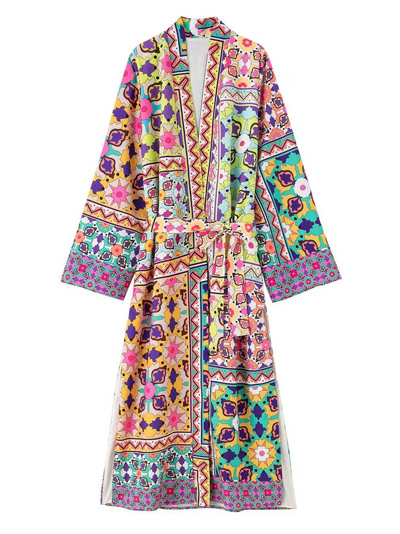 Party Wear Multicolor Printed Long Duster Robe Kimono
