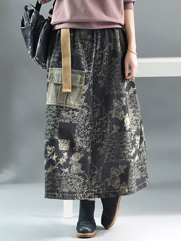 Floral Printing Denim Skirt