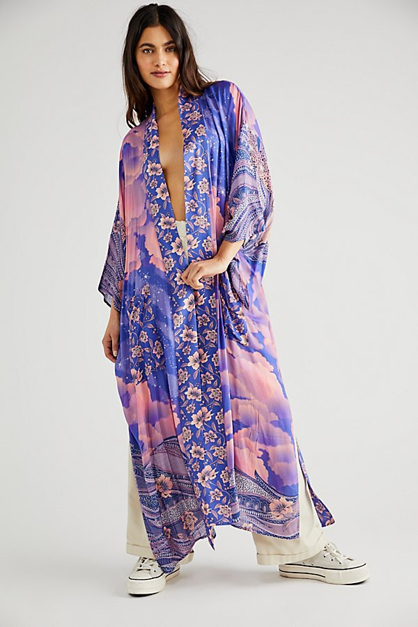 Summer Partywear Floral With Moon Print Purple  Color Silk Long Length Gown Kimono Duster Robe