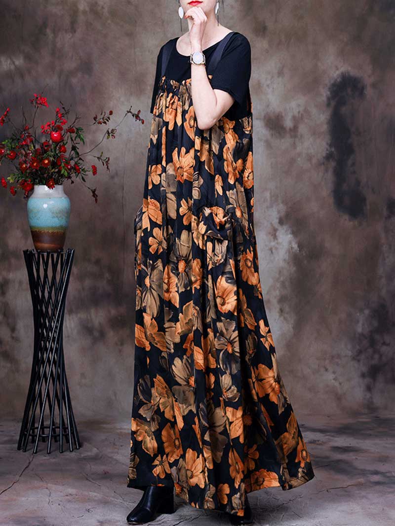 Always Glowing Printed  Pleated Pocket Maxi Salopette Dress