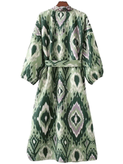 Printed Green Color Polyester Long Length Gown Kimono Duster Robe