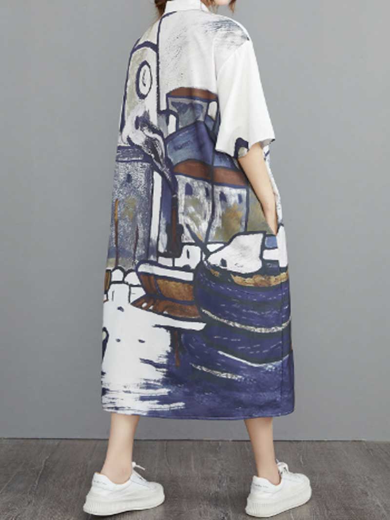 Abstract Art Print Cotton Short Sleeve A-Line Shirt Dress