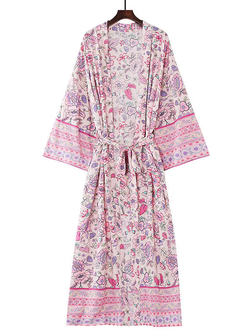 Beachwear Cotton Floral Print Pink Color Long Length Gown Kimono Duster Robe