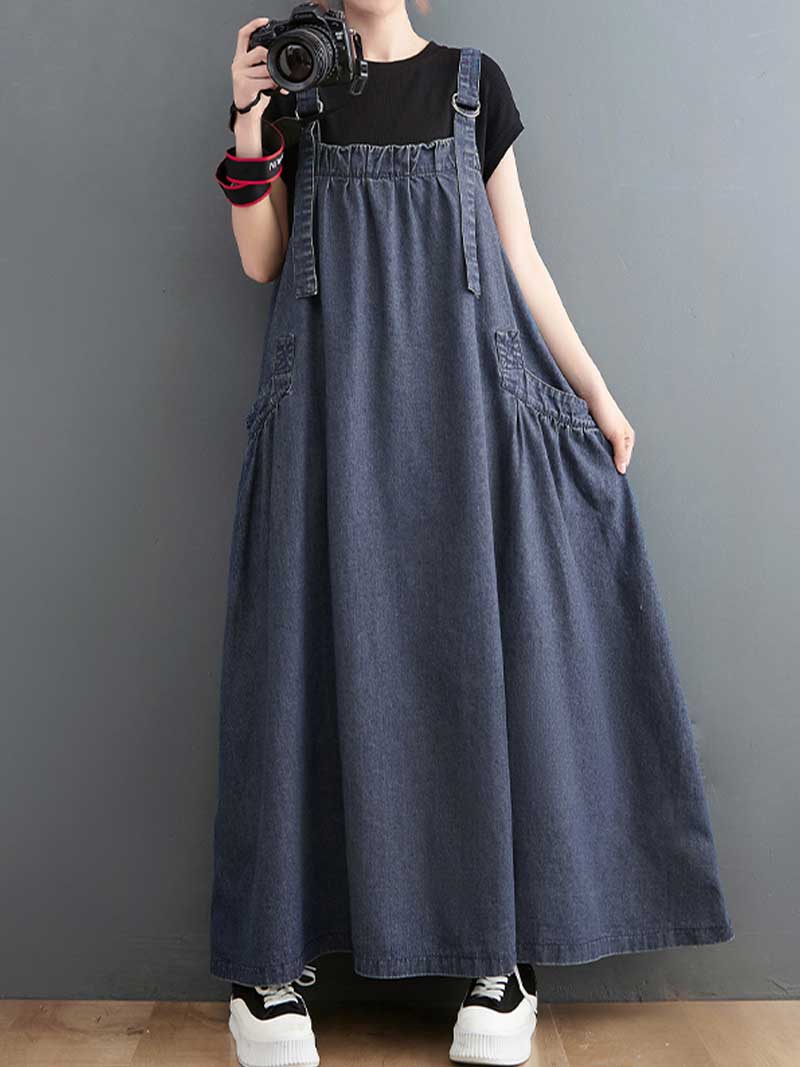 Plain Denim Salopette Overall A-Line Dress