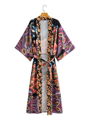 Partywear Long Kimono Floral + Moon Print Multicolor Polyester Gown Robe Kimono Duster Robe