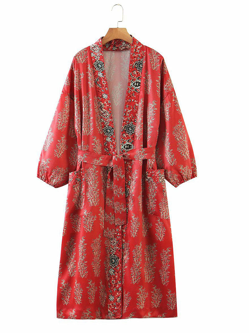 Partywear Blumendruck Rot Farbe Polyester Lange Länge Kleid Kimono Duster Robe