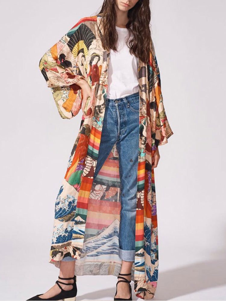 Printed Multicolor Chiffon Polyester Long Length Gown Kimono Duster Robe