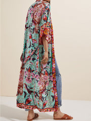 Nightwear Floral Print Green Color Cotton Long Length Gown Kimono Robe