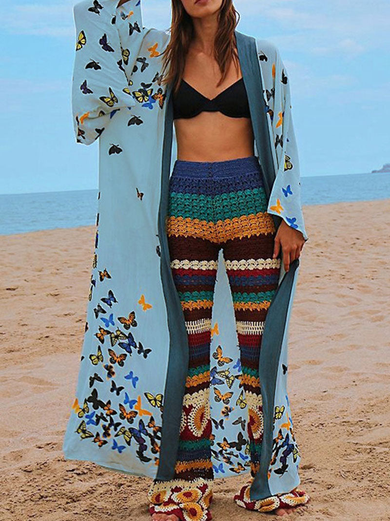 Bride to Be Butterfly Print Blue Color Cotton Long Length Gown Kimono Duster Robe