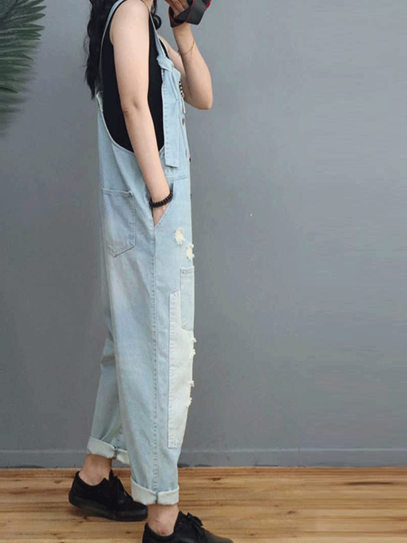 Sun Goes Down Cotton Denim Ripped Overall Dungarees