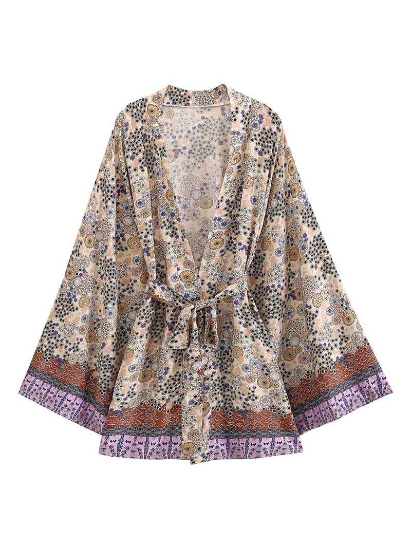 Partywear Short Length Floral Print Khaki Color Cotton Gown Kimono Duster Robe