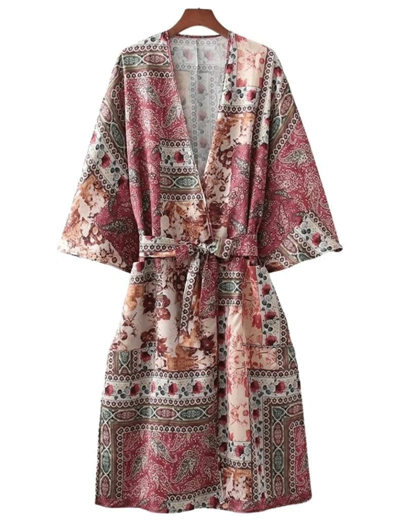 Partywear Long Kimono Floral Print Red Polyester Long Length Gown Kimono Duster Robe