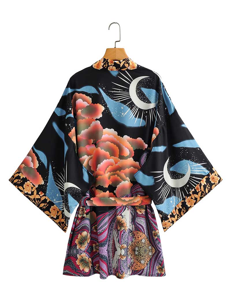 Short Gown Kimono Floral Print Multicolor Polyester Gown Kimono Duster Robe