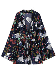 Night Wear Polyester Floral Print Dark-Blue Color Short Length Gown Robe Kimono Duster Robe