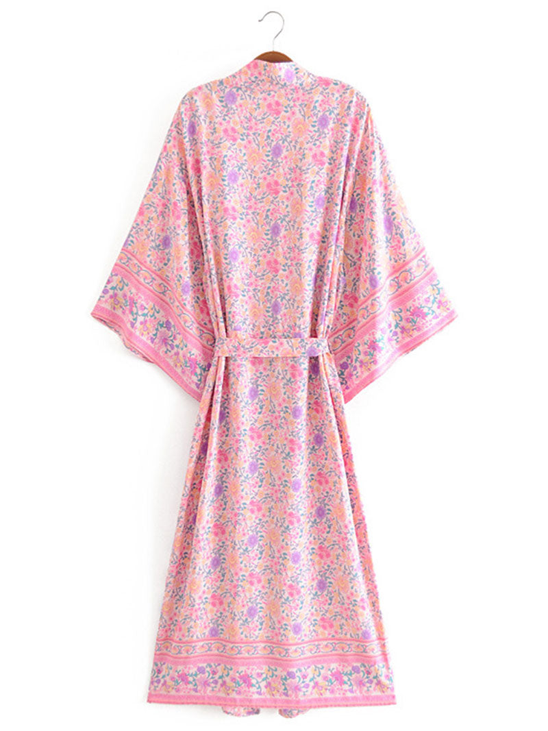 Bata tipo kimono de algodón rosa con estampado floral y largo hasta la rodilla para fiesta y playa