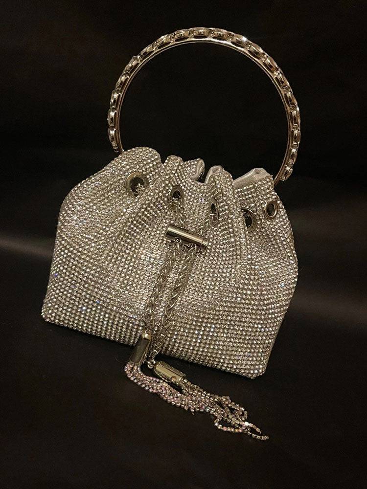 Bolsa tipo cubo con cordón y decoración de diamantes de imitación