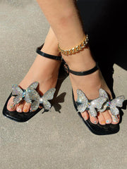 Rhinestone Double Butterfly Flat Sandals