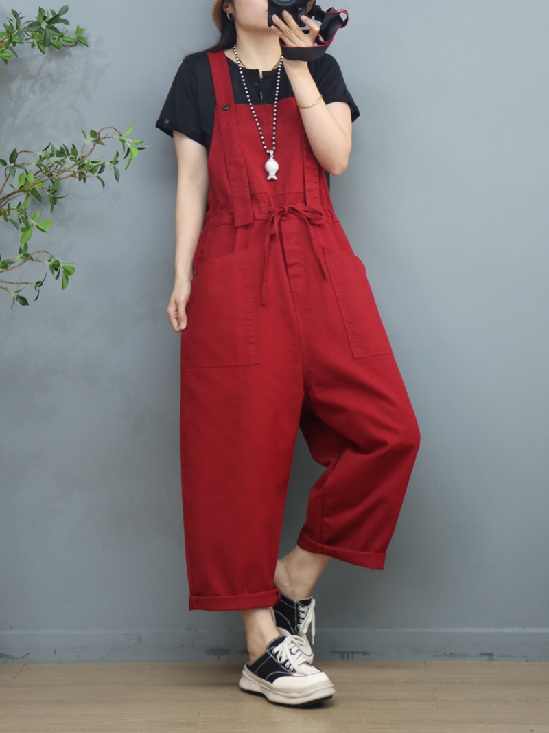 Waist Tie Belt Loose Wide-Leg Boho Pockets Overalls