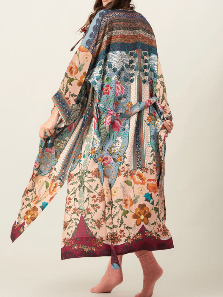 Printed Multicolor Cotton Long Length Gown Kimono Duster Robe