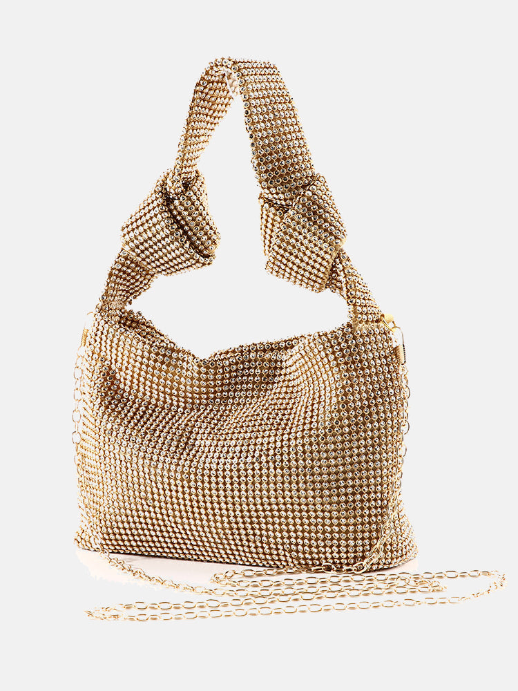 Quadratische Tasche mit Strass-Dekor und Knoten