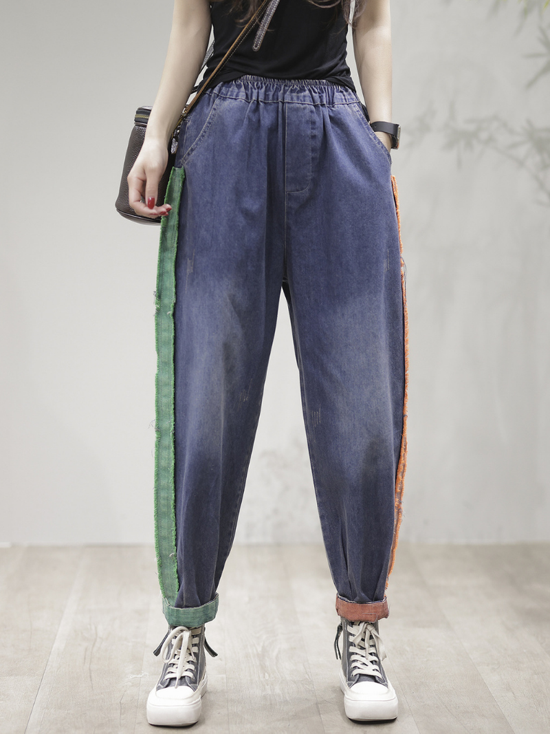 Lässige Vintage Loose Fit Patch Denim Bottom Jeanshose