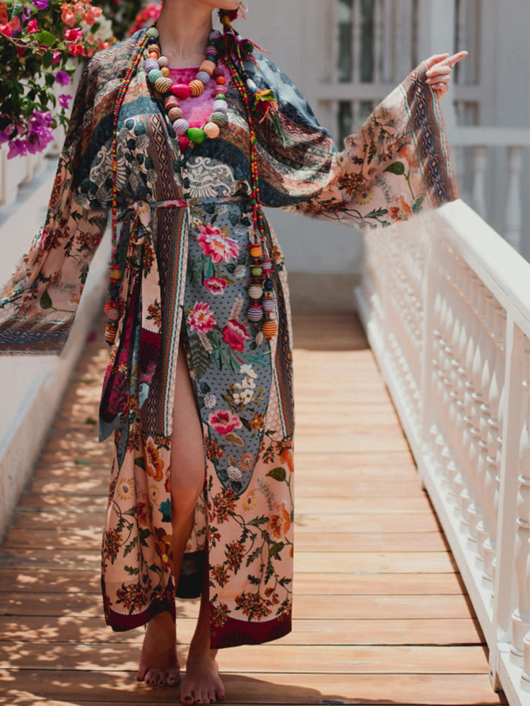 Printed Multicolor Cotton Long Length Gown Kimono Duster Robe