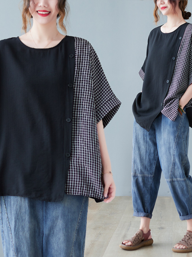 Black Short Sleeve Button Down Oversized Tops Casual Work Top