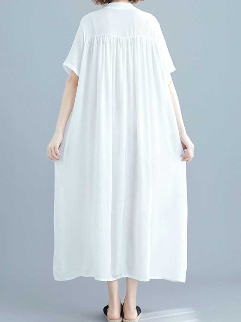 Long Cotton Front Button Cotton Shirt Dress (White - Black - Grey- Apricot)