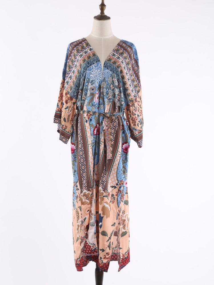 Printed Multicolor Cotton Long Length Gown Kimono Duster Robe