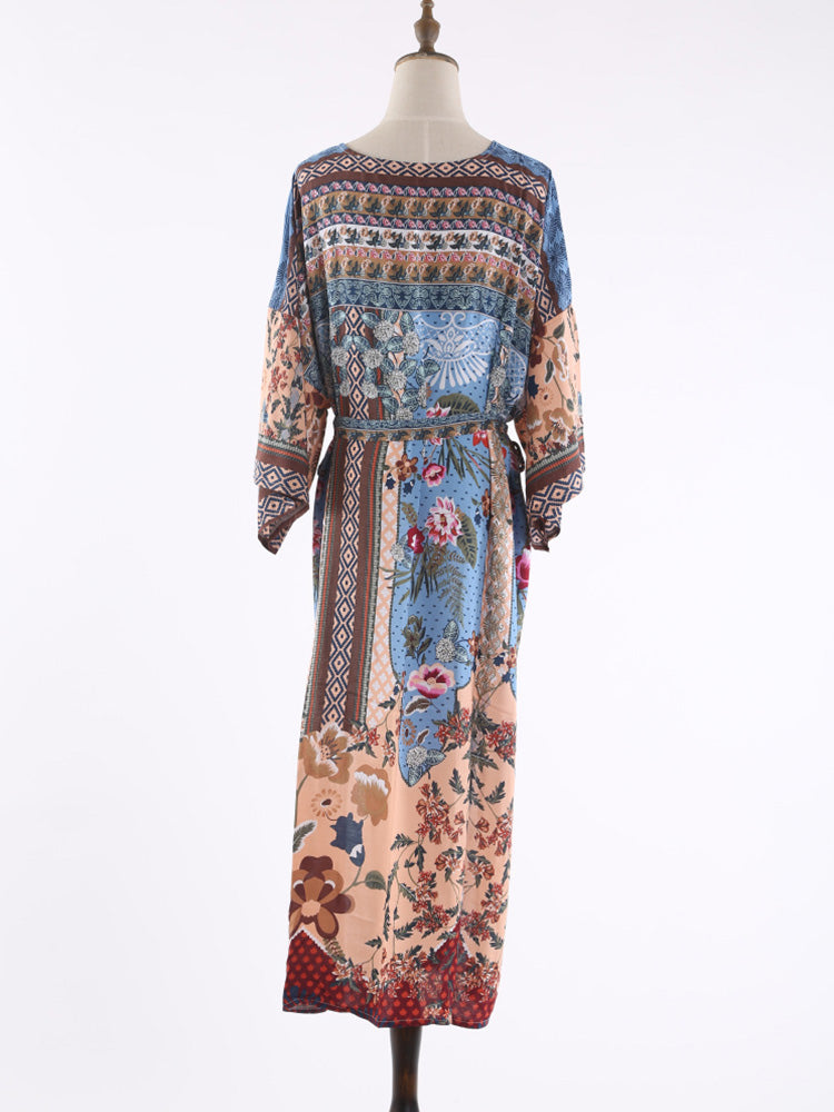 Printed Multicolor Cotton Long Length Gown Kimono Duster Robe