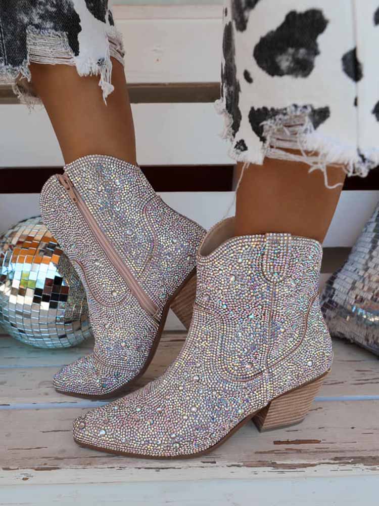 Rhinestone Decor Chunky Heel Boots