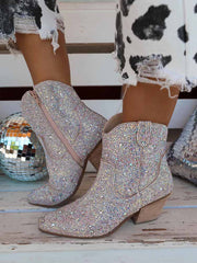 Rhinestone Decor Chunky Heel Boots