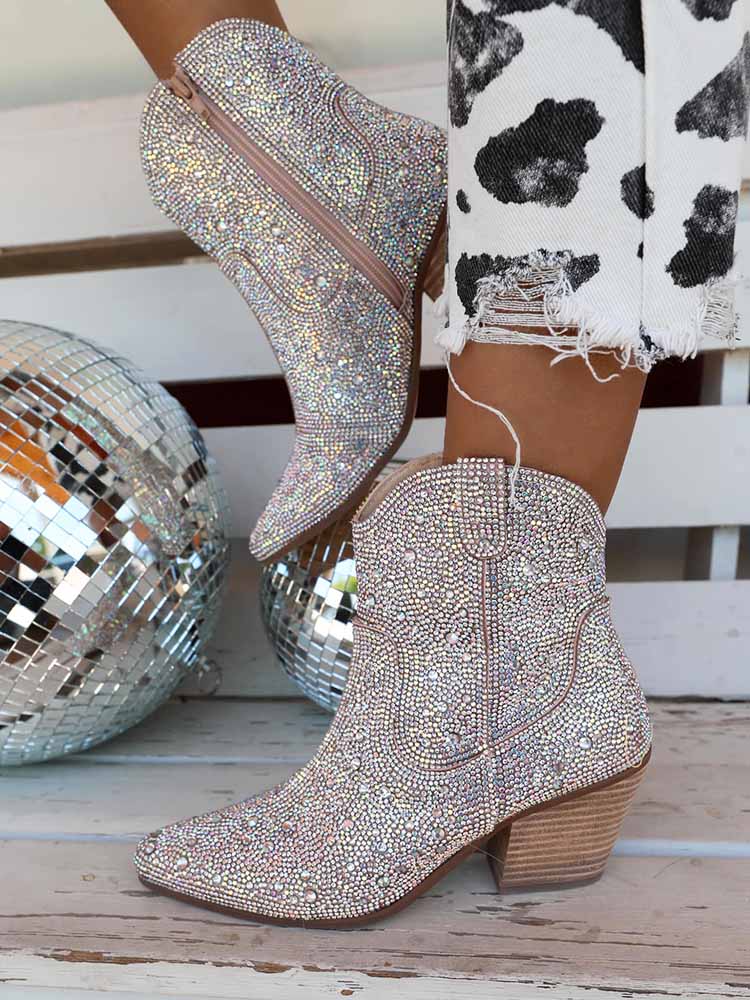 Botas de tacón grueso con decoración de diamantes de imitación