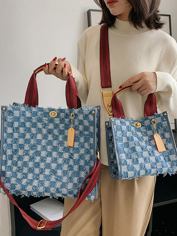 Bolso tote de tela vaquera con estampado de cuadros