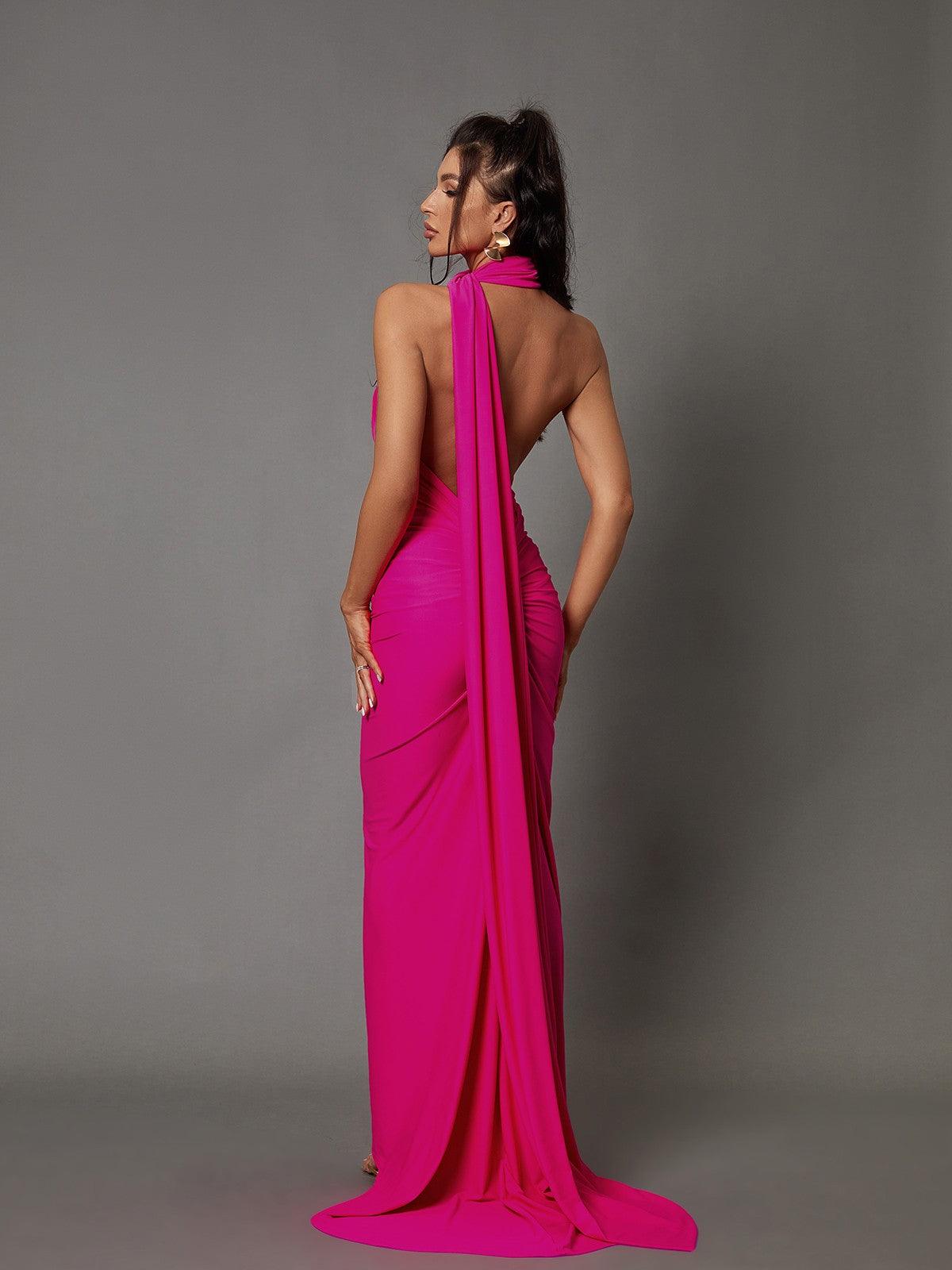 Jade Backless Maxi Dress In Hot Pink