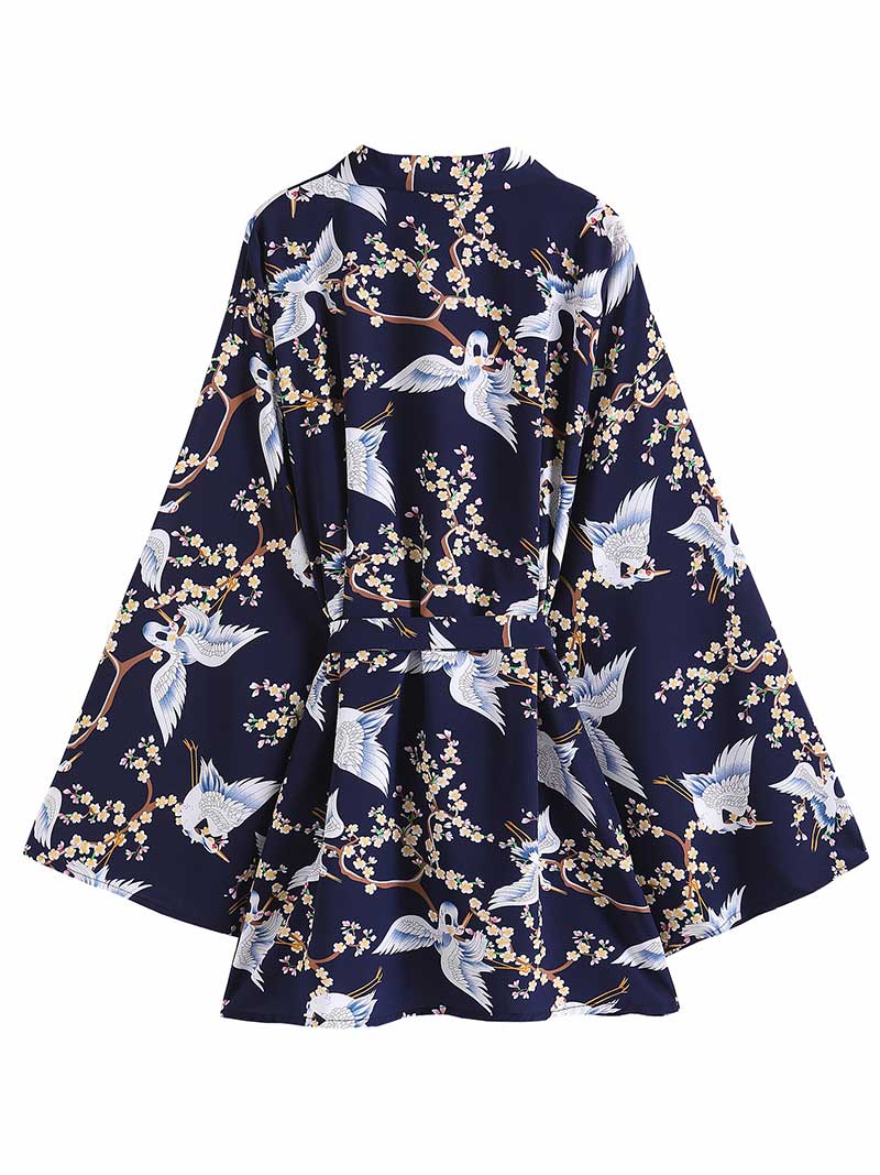 Bata tipo kimono de poliéster de color azul oscuro con estampado de pájaros para fiesta, corta, estilo plumero