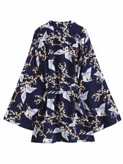 Party Wear Birds Print Dunkelblaue Farbe Polyester Kurze Länge Kleid Robe Kimono Duster Robe