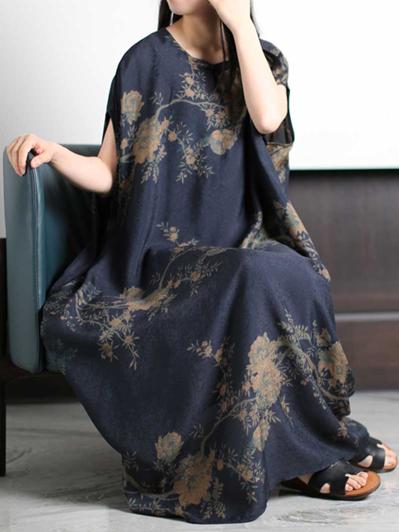 Summer wear Printed Silk Dark-Blue Kaftan Dress